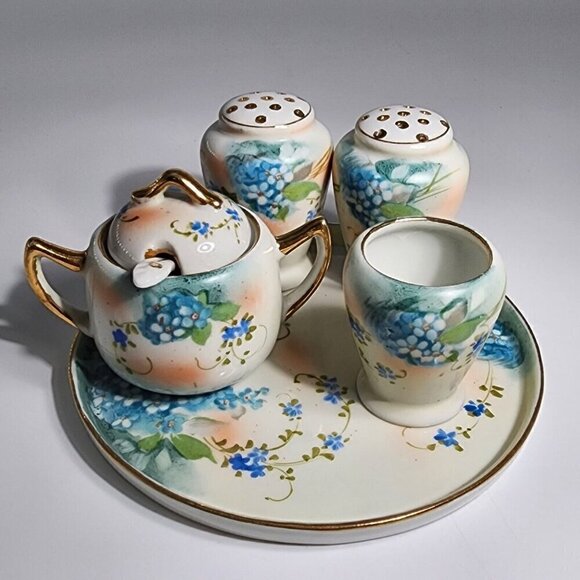 TT Takito Co Condiment Set Japan Hand Painted Cream Sugar Salt Pepper Tray - Picture 1 of 9